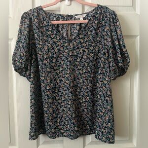 LC Lauren Conrad Navy Floral Blouse